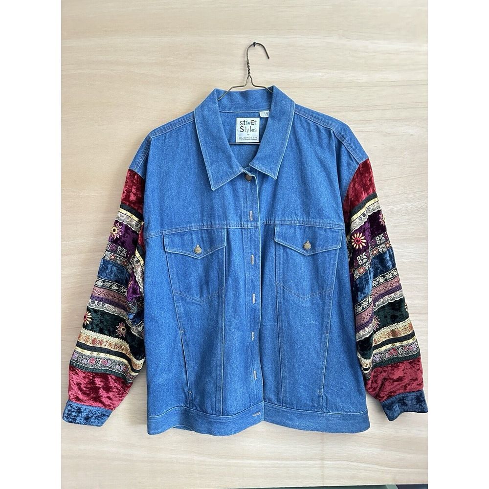 Elisabeth By Liz‎ Claiborne Denim Jacket With Patchwork Sleeve street styles
